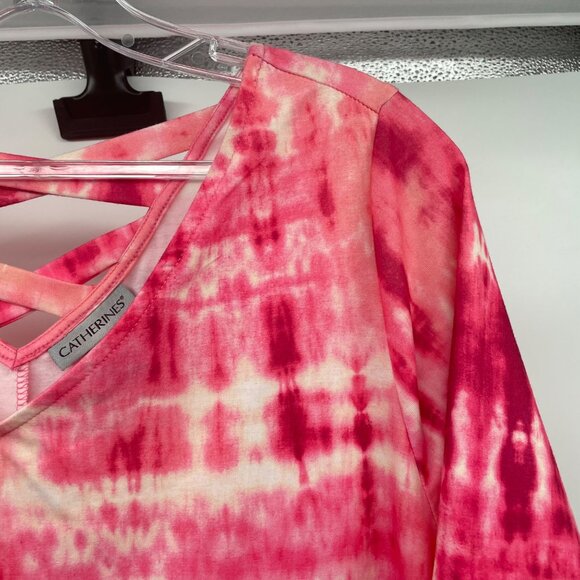Catherines Tie Dye Midi Shift Dress Short Sleeve Lattice Back Pink/Multi Size 0X - Picture 4 of 8